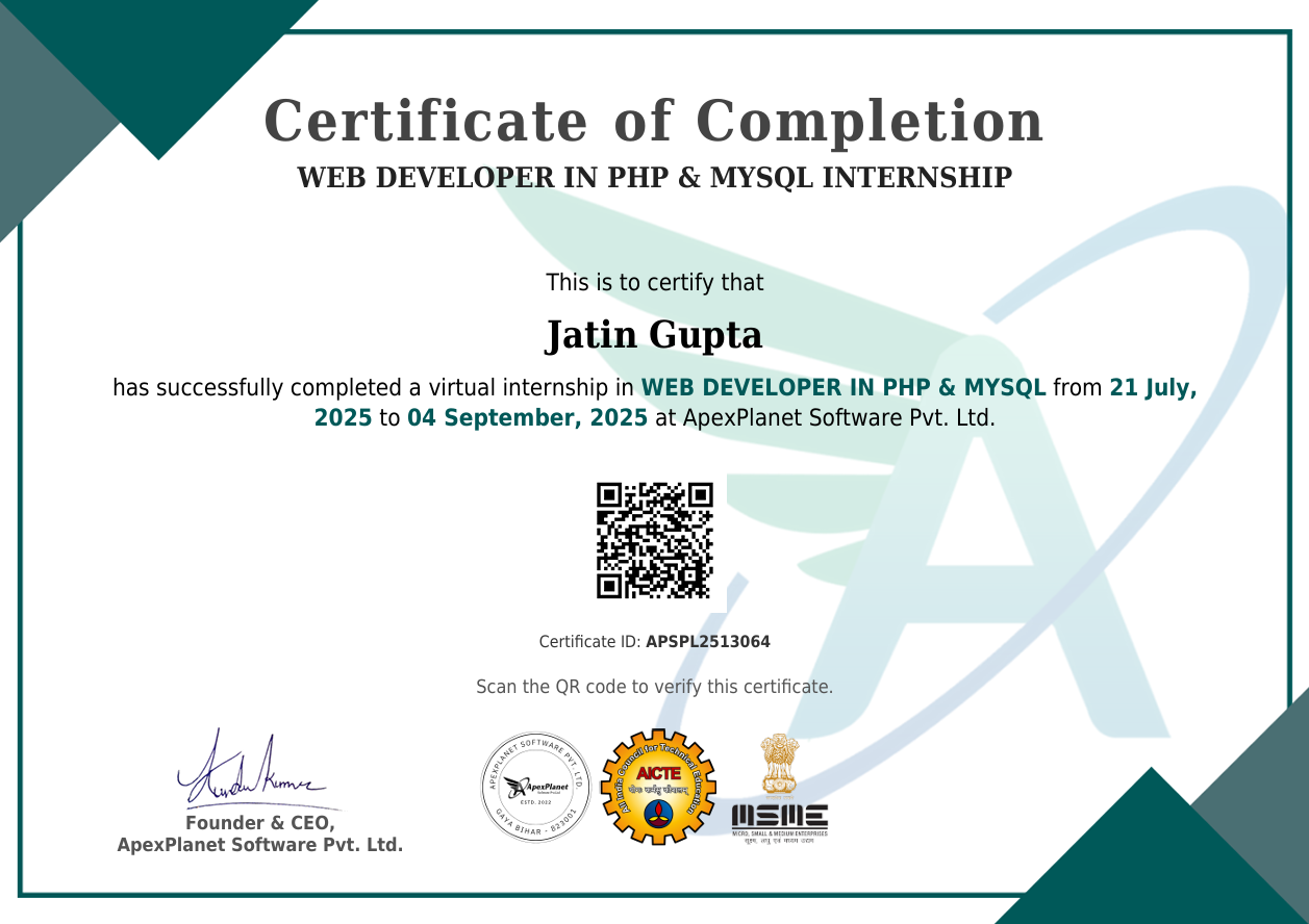 ApexPlanet Internship Certificate