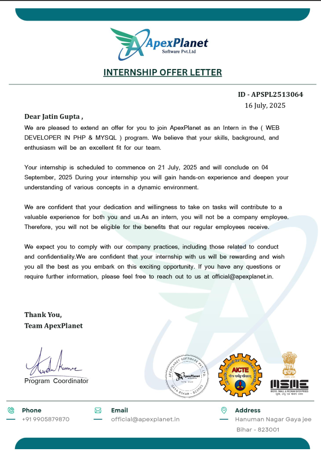 Offer Letter from ApexPlanet