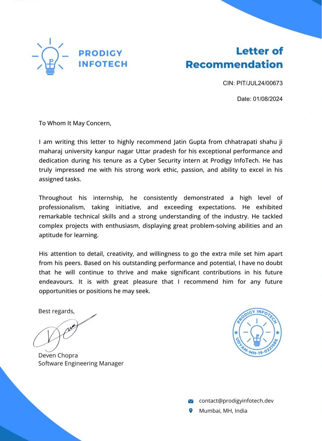 Cyber Security Internship Certificate