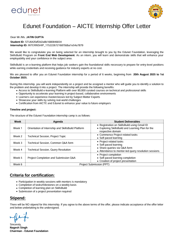 Offer Letter from Edunet Foundation